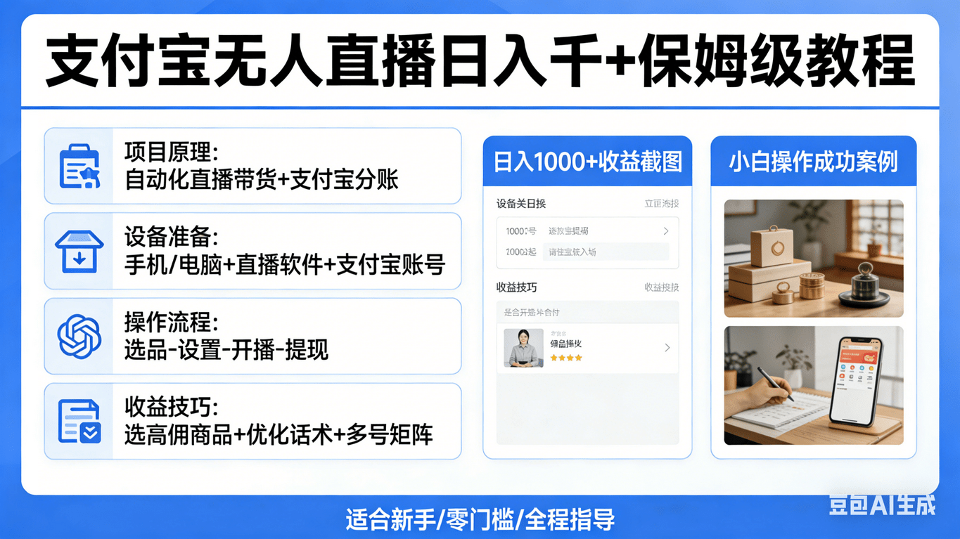 支付宝无人直播项目，日入一千以上，保姆级教程，适合小白